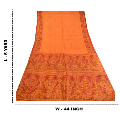 Sanskriti Vintage Sarees Saffron Indian Pure Silk Printed Sari 5yd Craft Sustainable Fabric