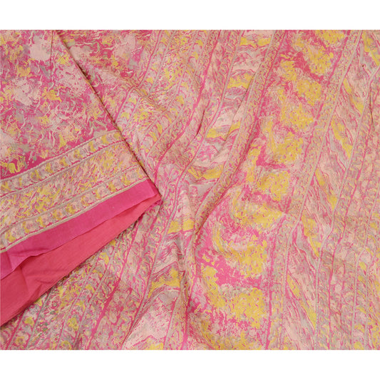 Санскритские винтажные сари розовое чистое шелковое сари с цветочным принтом мягкая ткань для рукоделия из экологически чистой ткани