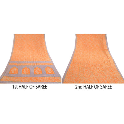 Sanskriti Vintage Sarees Orange Art Silk Indian Printed Sari Soft Craft Sustainable Fabric