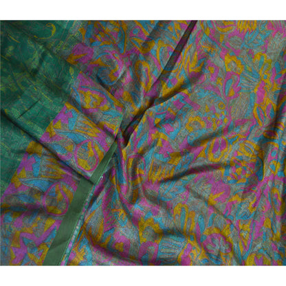 Sanskriti Vintage Sarees Green Art Silk Printed Sari Soft 5yd Deco Craft Sustainable Fabric