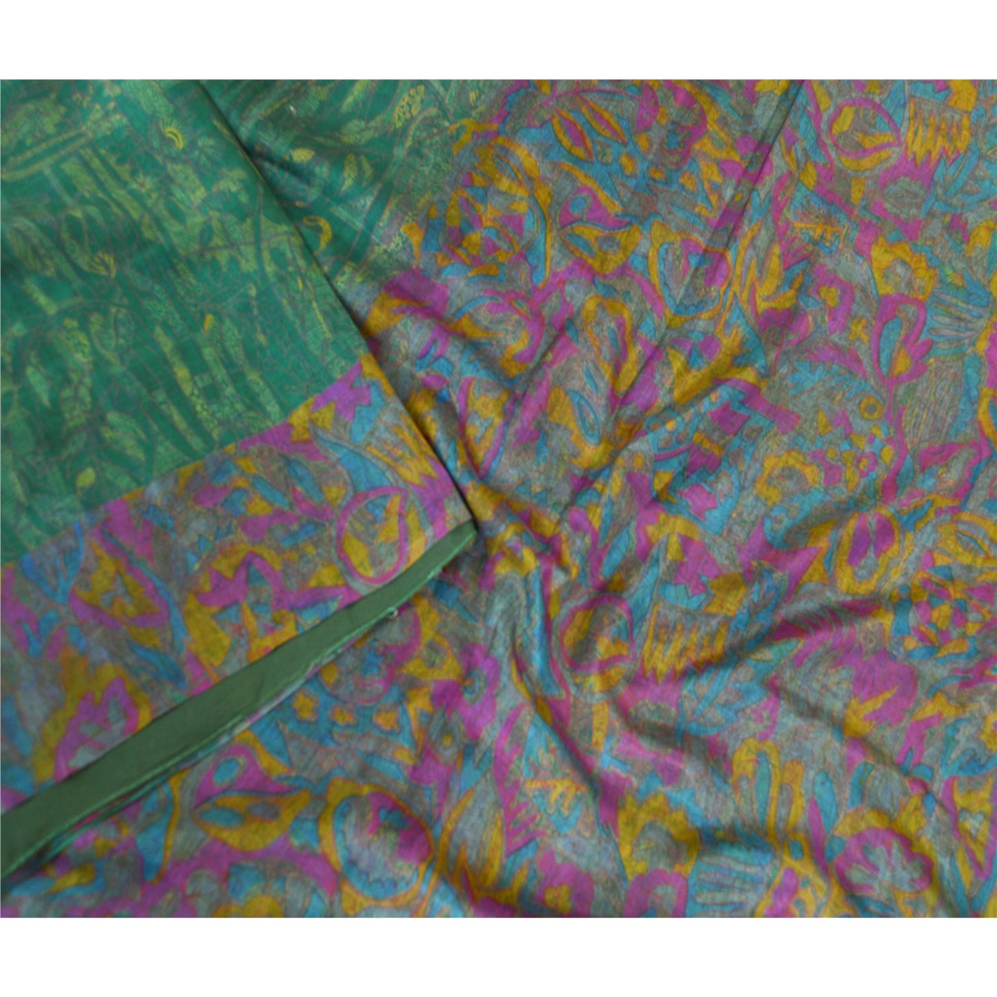 Sanskriti Vintage Sarees Green Art Silk Printed Sari Soft 5yd Deco Craft Sustainable Fabric