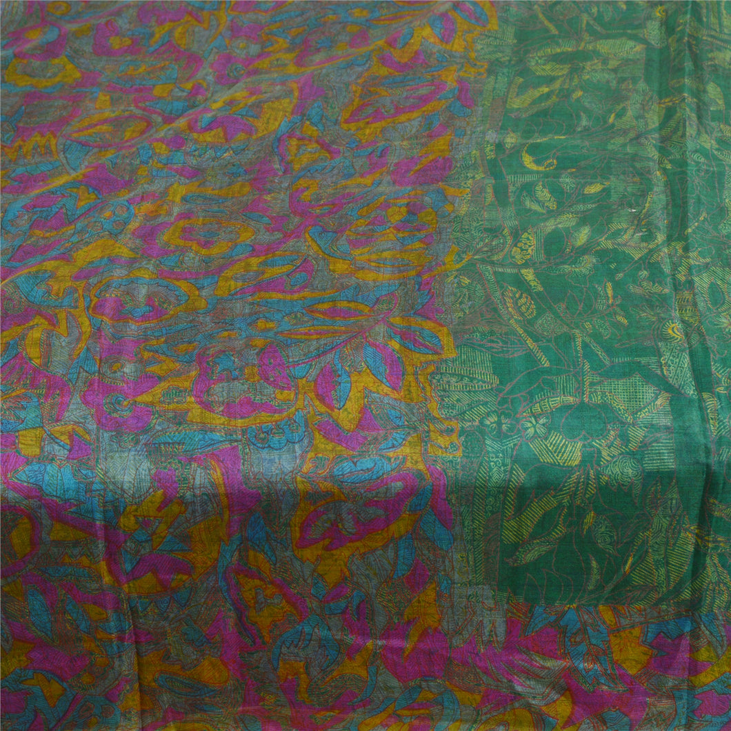 Sanskriti Vintage Sarees Green Art Silk Printed Sari Soft 5yd Deco Craft Fabric