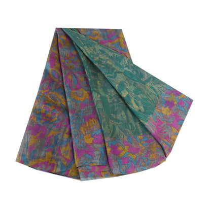 Sanskriti Vintage Sarees Green Art Silk Printed Sari Soft 5yd Deco Craft Sustainable Fabric