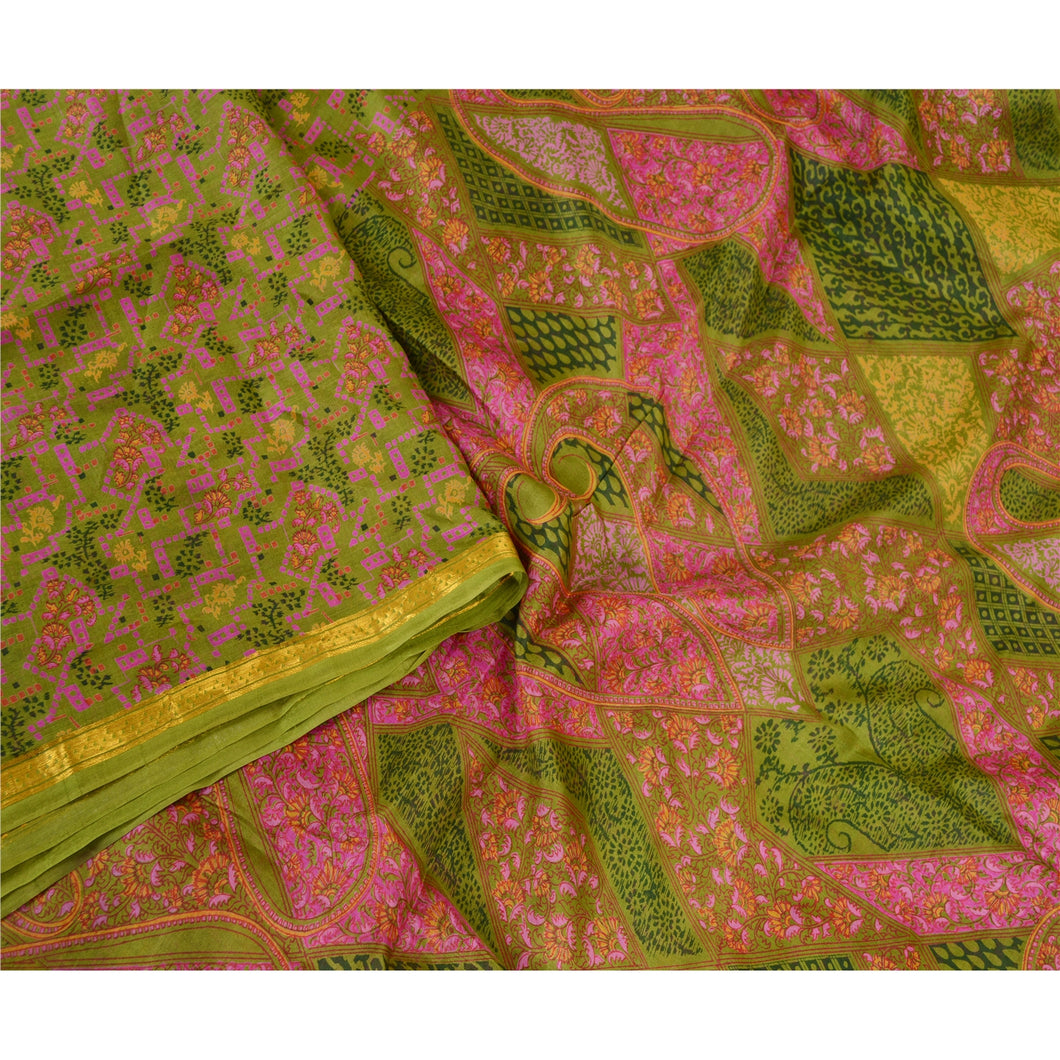 Sanskriti Vintage Sarees Green Art Silk Printed Zari Border Sari Craft Fabric