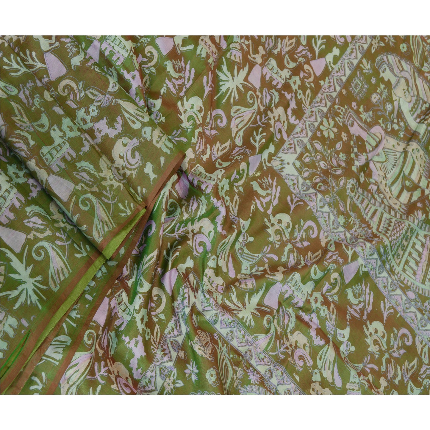 Sanskriti Vintage Grønne Menneskefugleprintede Sarier Ren Silke Sari Håndværk Bæredygtigt Stoff