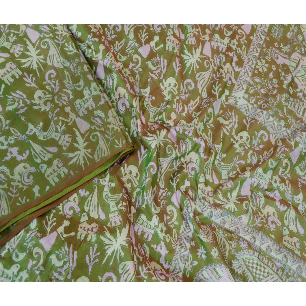 Sanskriti Vintage Green Human Bird Printed Sarees Pure Silk Sari Craft Fabric