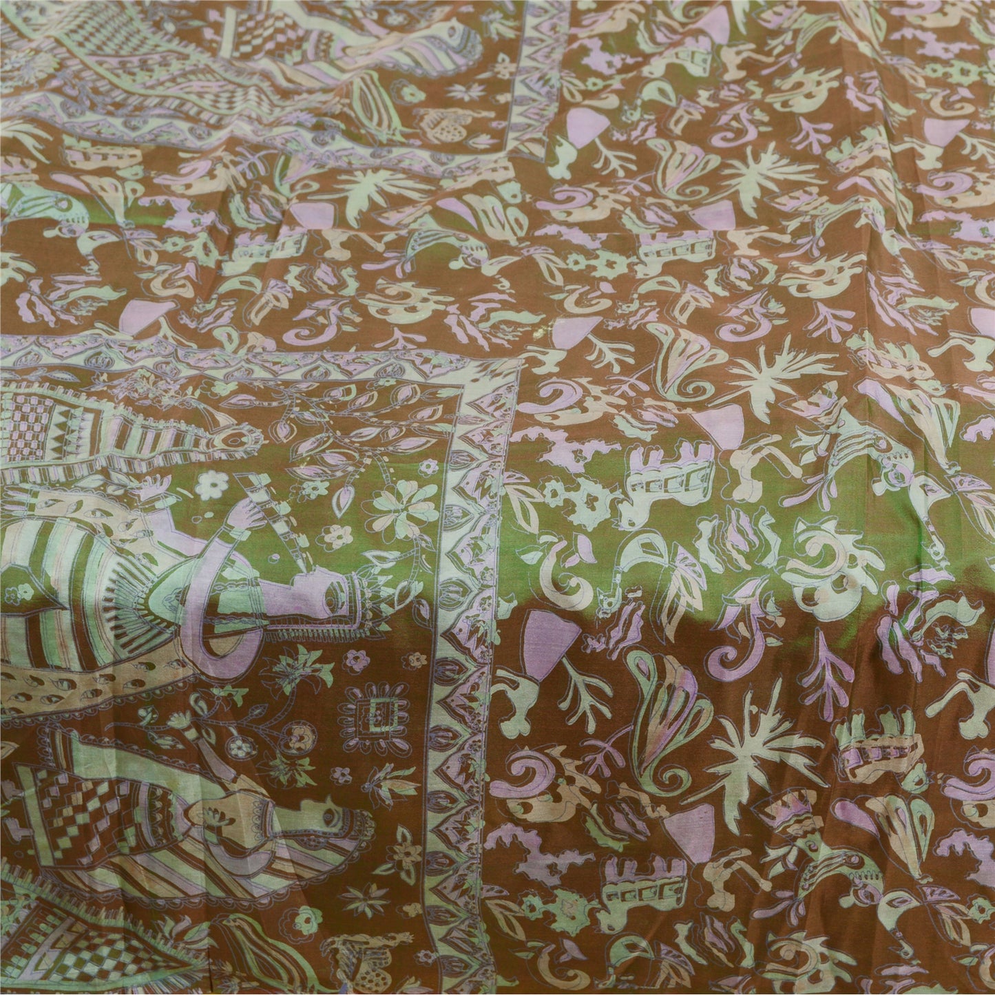 Sanskriti Vintage Grønne Menneskefugleprintede Sarier Ren Silke Sari Håndværk Bæredygtigt Stoff