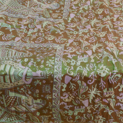 Sanskriti Vintage Grønne Menneskefugleprintede Sarier Ren Silke Sari Håndværk Bæredygtigt Stoff