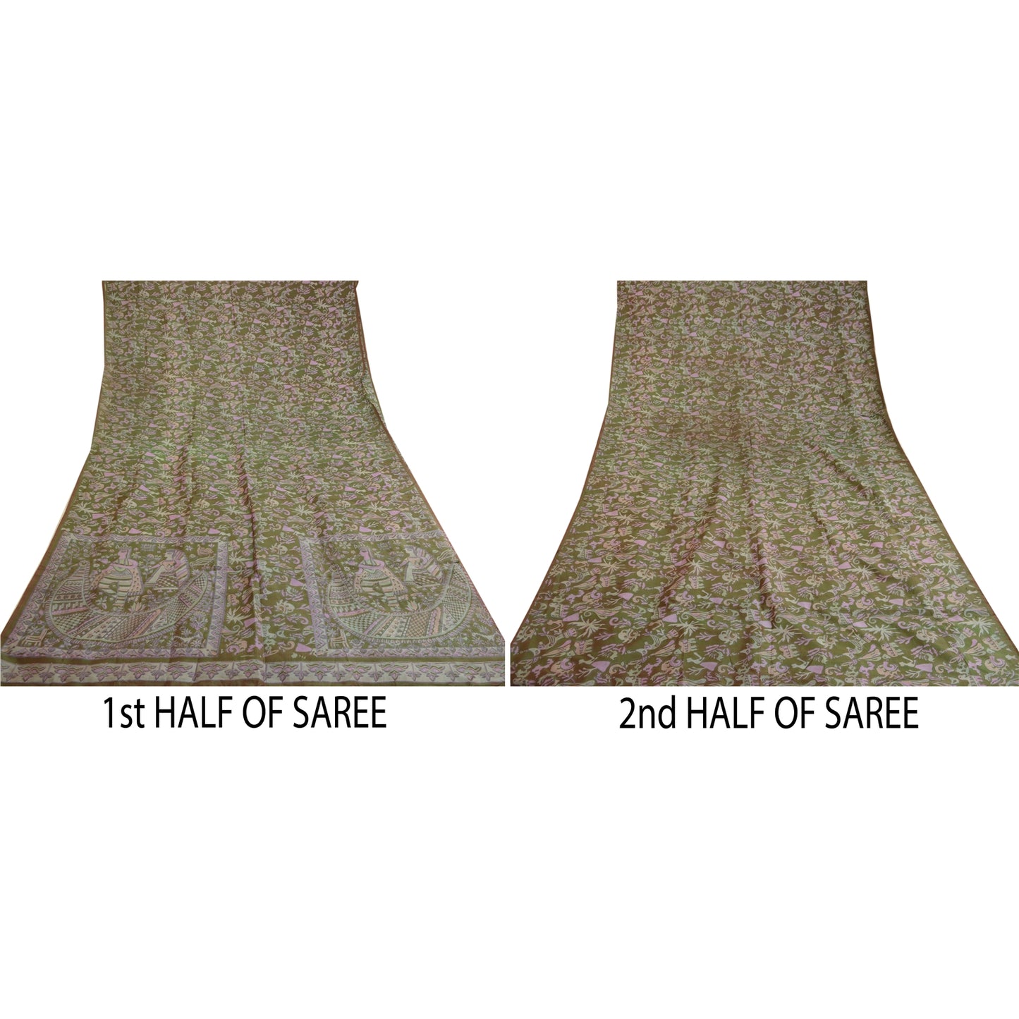 Sanskriti Vintage Grønne Menneskefugleprintede Sarier Ren Silke Sari Håndværk Bæredygtigt Stoff