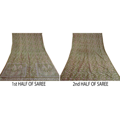 Sanskriti Vintage Grønne Menneskefugleprintede Sarier Ren Silke Sari Håndværk Bæredygtigt Stoff