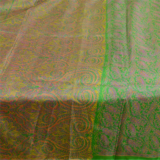 Sanskriti Vintage Green Printed Sarees 100% Pure Silk Sari 5yd Soft Craft Sustainable Fabric