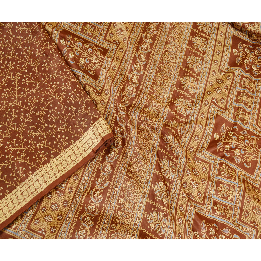 Sanskriti Vintage Brown Indian Sarees Pure Silk Printed Sari 5yd Craft Fabric