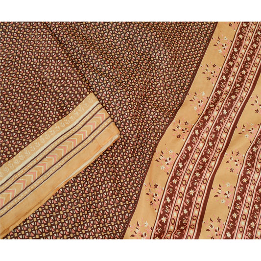 Sanskriti Vintage Brown Sarees 100% Pure Silk Printed Sari 5yd Soft Craft Sustainable Fabric