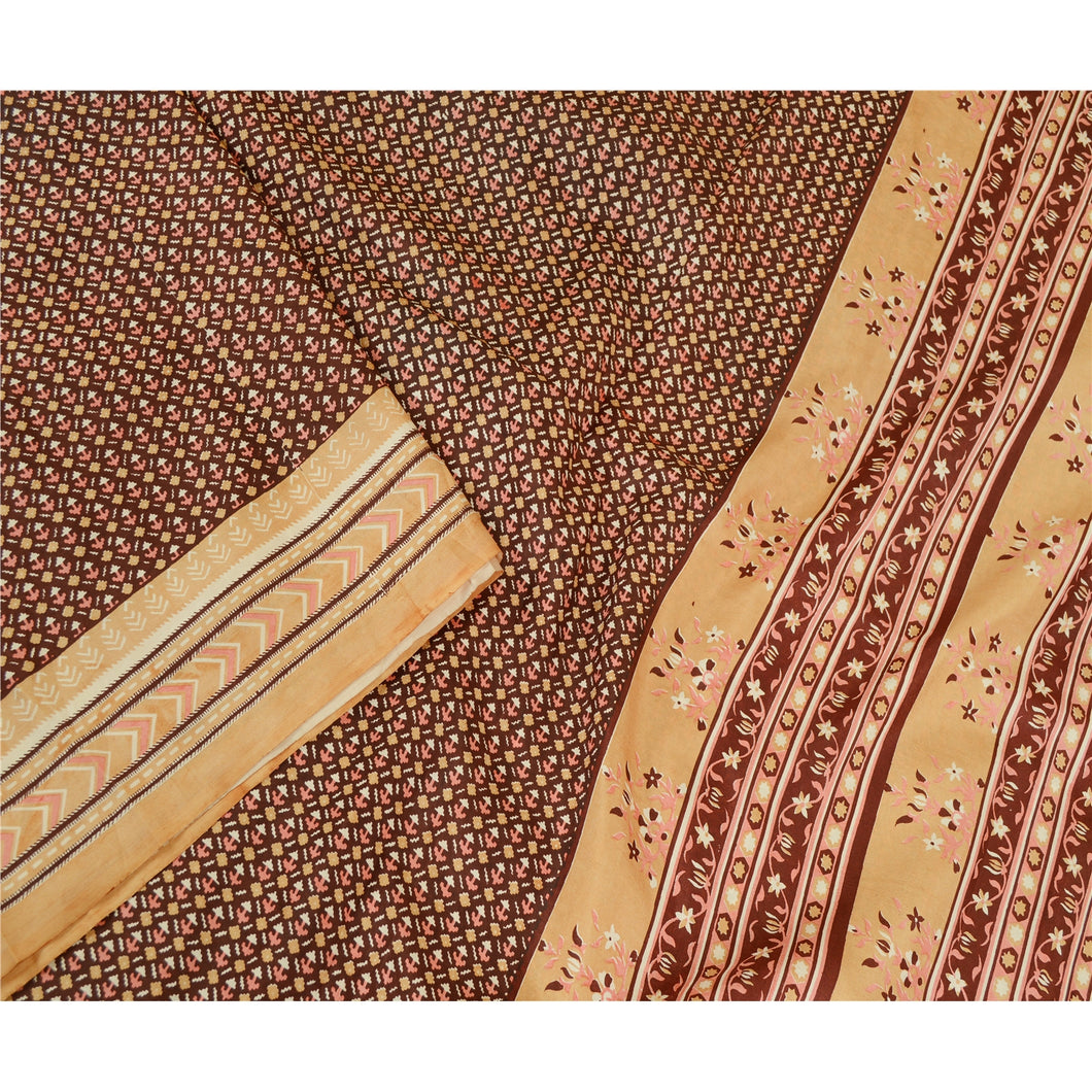 Sanskriti Vintage Brown Sarees 100% Pure Silk Printed Sari 5yd Soft Craft Fabric