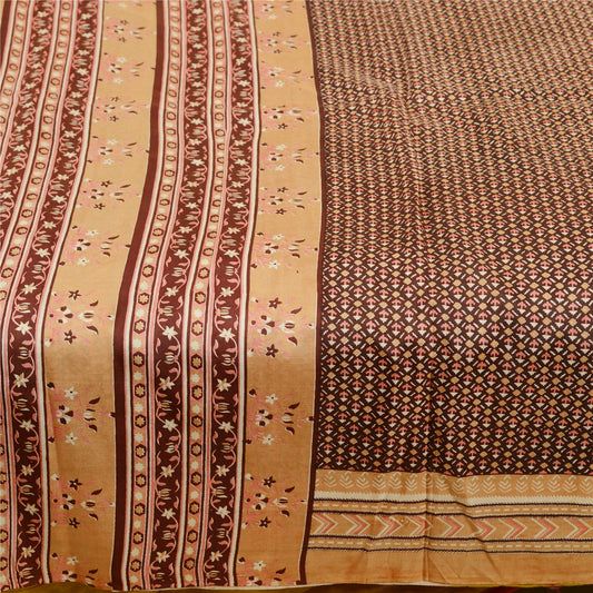 Sanskriti Vintage Brown Sarees 100% Pure Silk Printed Sari 5yd Soft Craft Sustainable Fabric