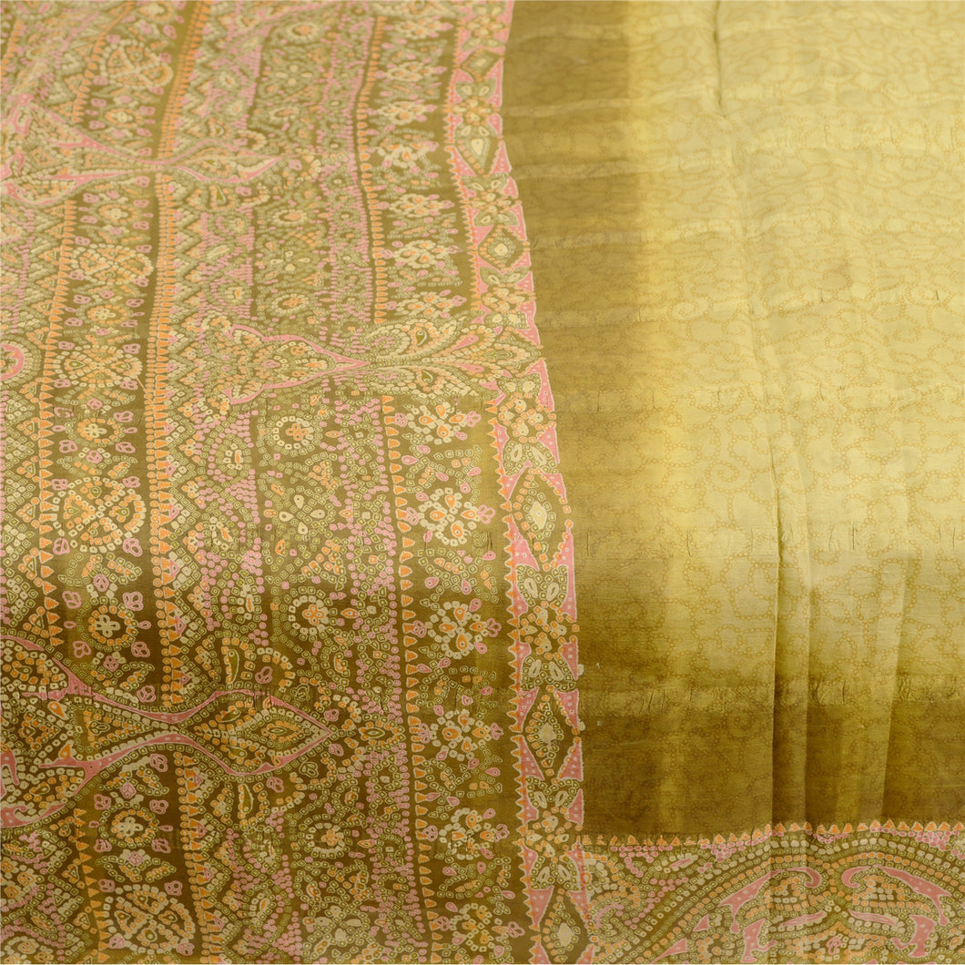 Sanskriti Vintage Green Bandhani Sarees Pure Silk Printed Sari 5yd Craft Fabric