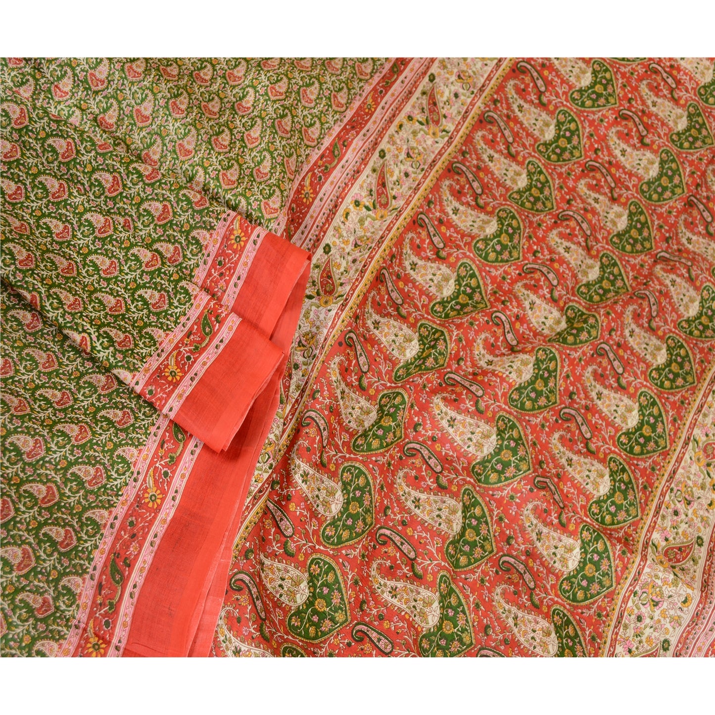 Sanskriti Vintage Green Indian Sarees Pure Silk Printed Sari 5yd Craft Sustainable Fabric