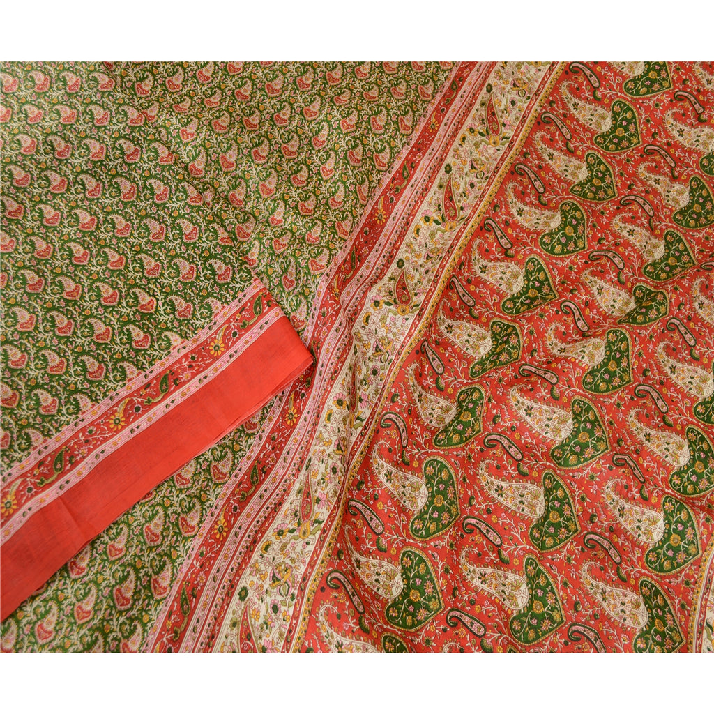 Sanskriti Vintage Green Indian Sarees Pure Silk Printed Sari 5yd Craft Sustainable Fabric
