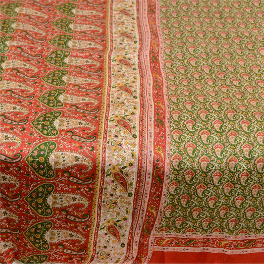 Sanskriti Vintage Green Indian Sarees Pure Silk Printed Sari 5yd Craft Sustainable Fabric