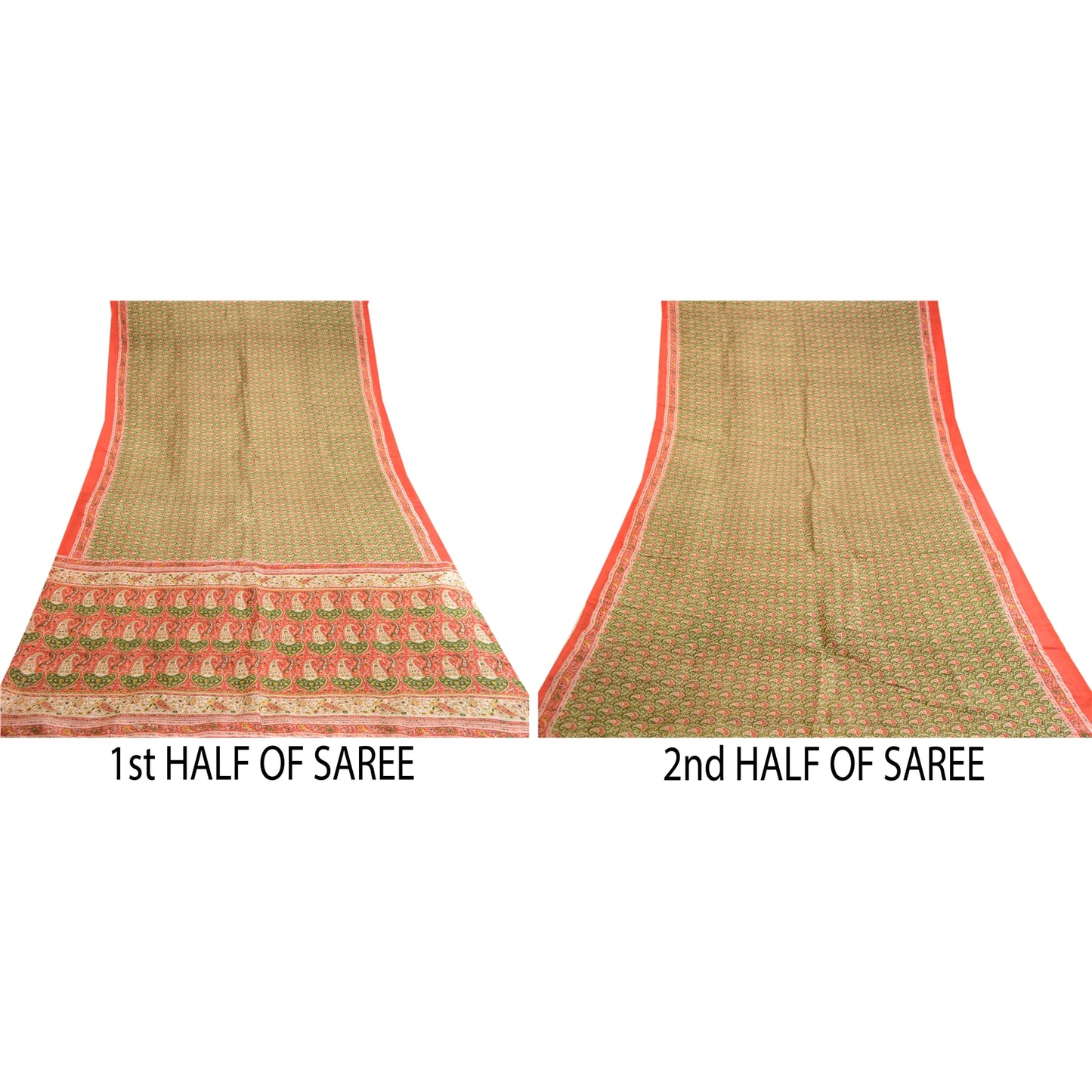 Sanskriti Vintage Green Indian Sarees Pure Silk Printed Sari 5yd Craft Sustainable Fabric