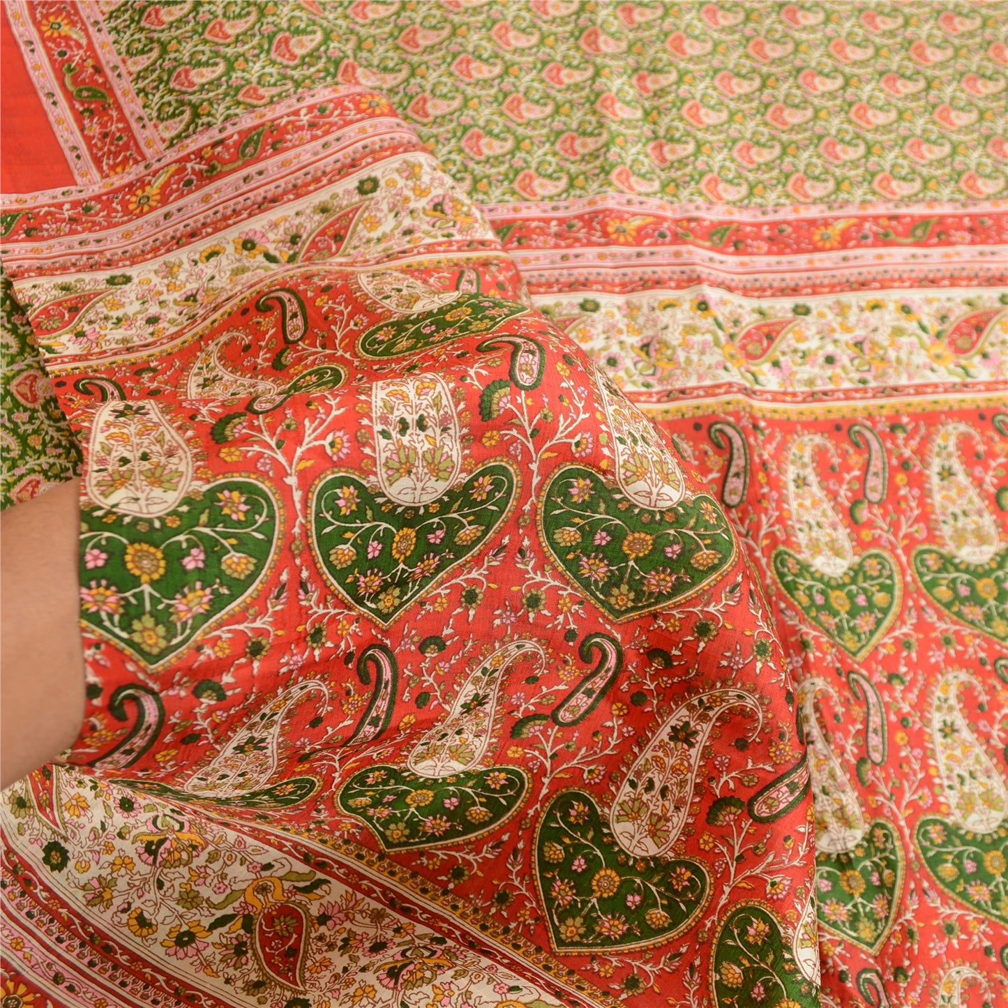 Sanskriti Vintage Green Indian Sarees Pure Silk Printed Sari 5yd Craft Sustainable Fabric