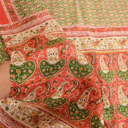 Sanskriti Vintage Green Indian Sarees Pure Silk Printed Sari 5yd Craft Sustainable Fabric