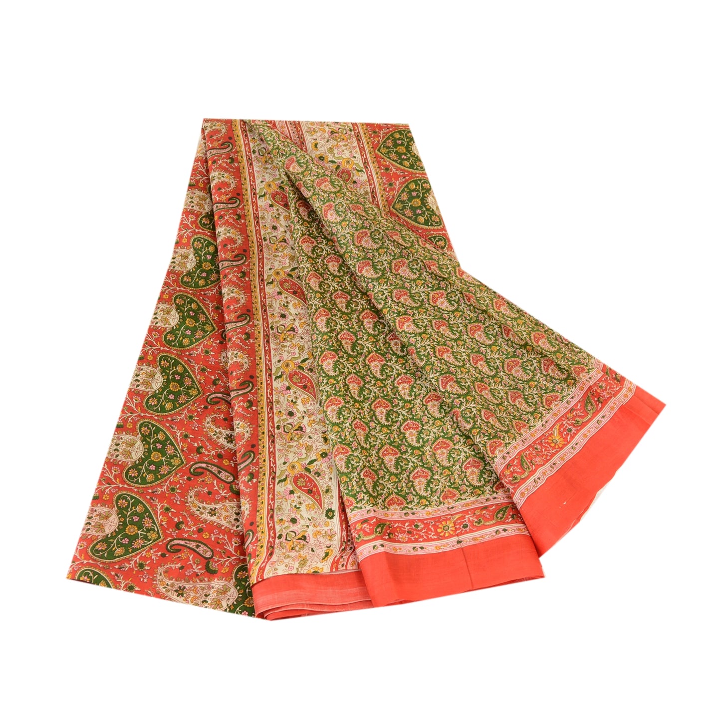 Sanskriti Vintage Green Indian Sarees Pure Silk Printed Sari 5yd Craft Sustainable Fabric