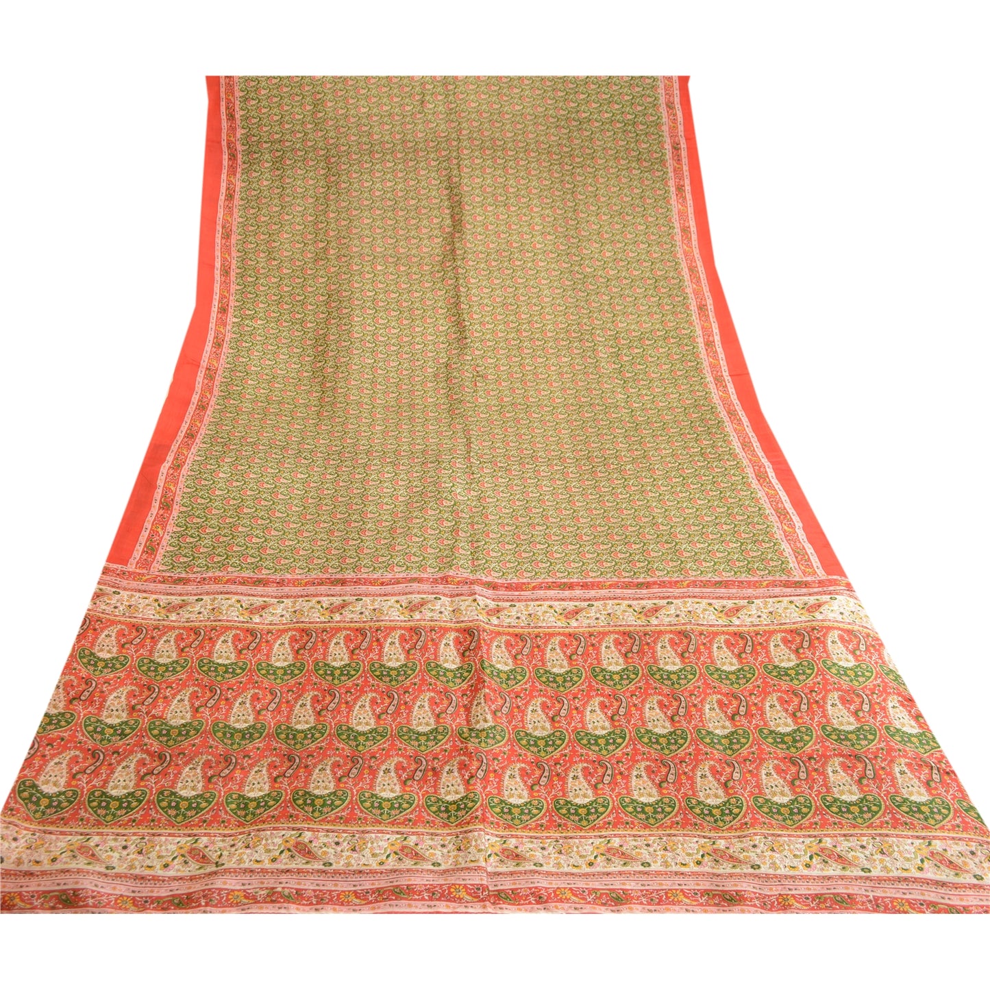 Sanskriti Vintage Green Indian Sarees Pure Silk Printed Sari 5yd Craft Sustainable Fabric