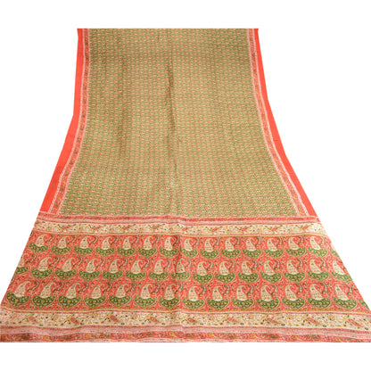 Sanskriti Vintage Green Indian Sarees Pure Silk Printed Sari 5yd Craft Sustainable Fabric