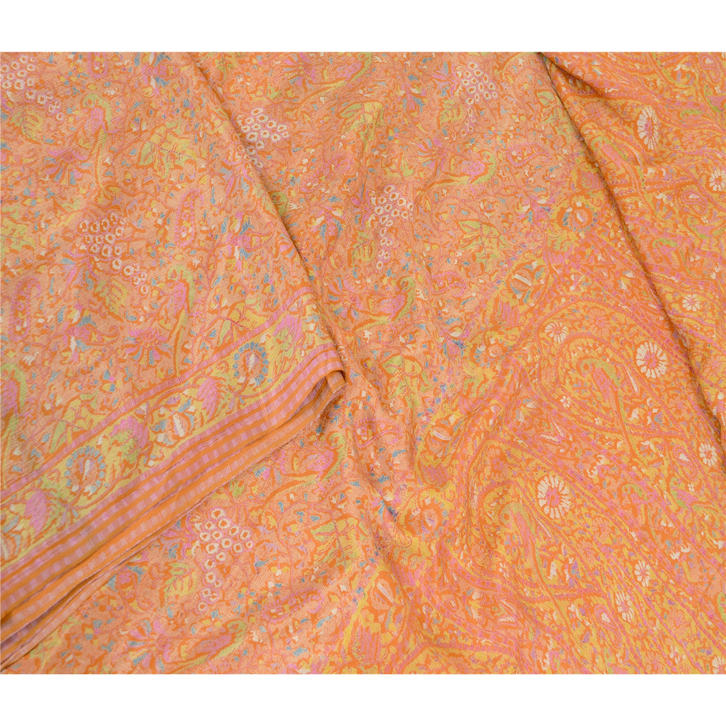 Sanskriti Vintage Orange Indian Sarees Pure Silk Printed Sari 5yd Craft Fabric