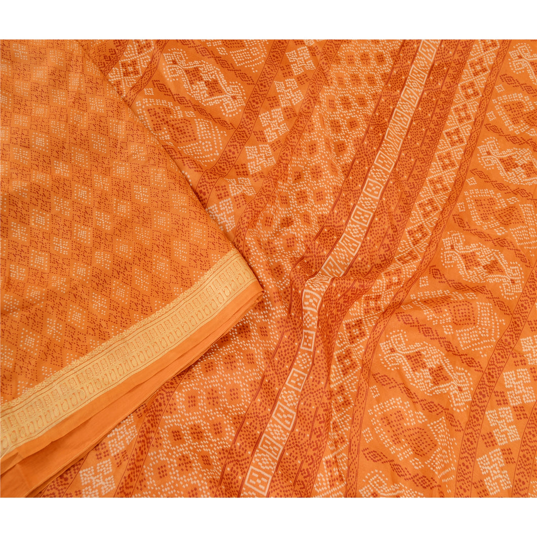 Sanskriti Vintage Saffron Bandhani Printed Sarees Pure Silk Sari Craft Fabric