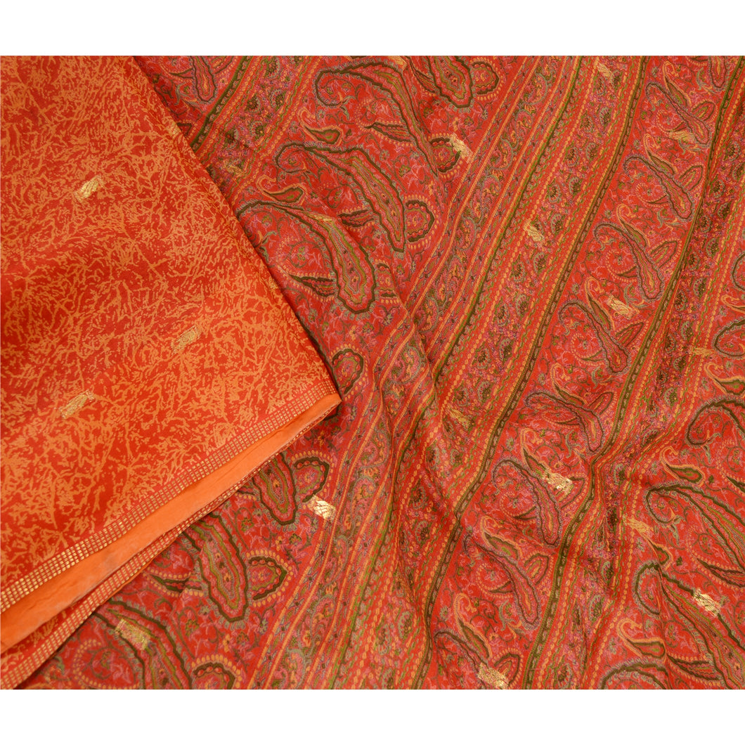 Sanskriti Vintage Red Printed Golden Woven Sarees Pure Silk Sari Craft Fabric
