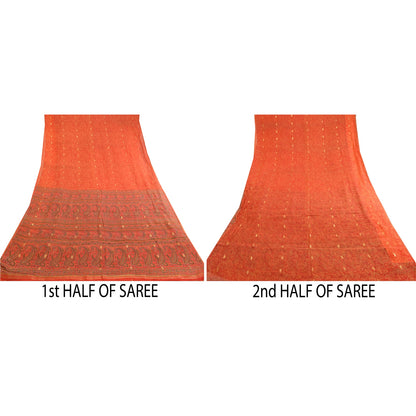 Sanskriti Vintage Red Printed Golden Woven Sarees Pure Silk Sari Craft Sustainable Fabric