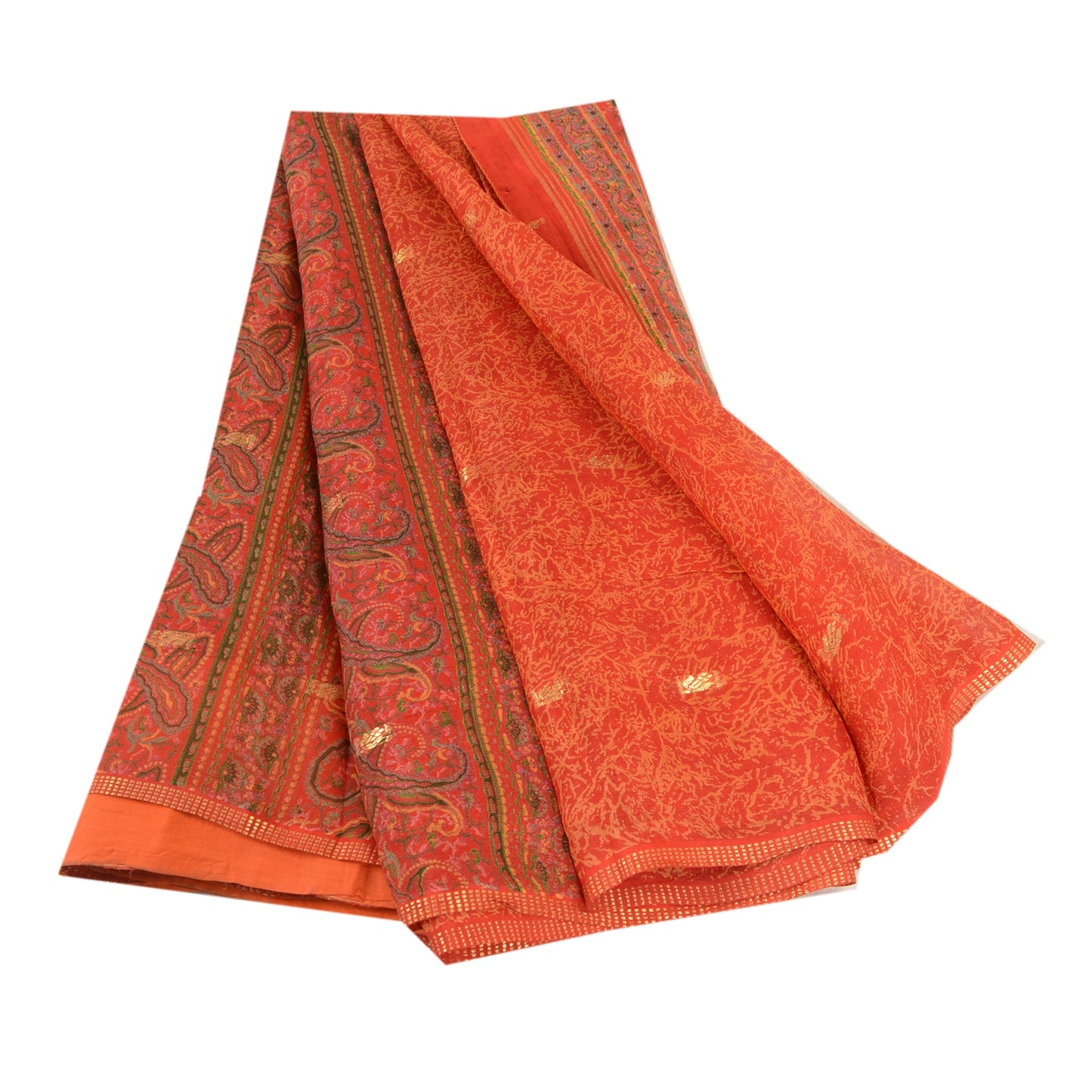 Sanskriti Vintage Red Printed Golden Woven Sarees Pure Silk Sari Craft Sustainable Fabric
