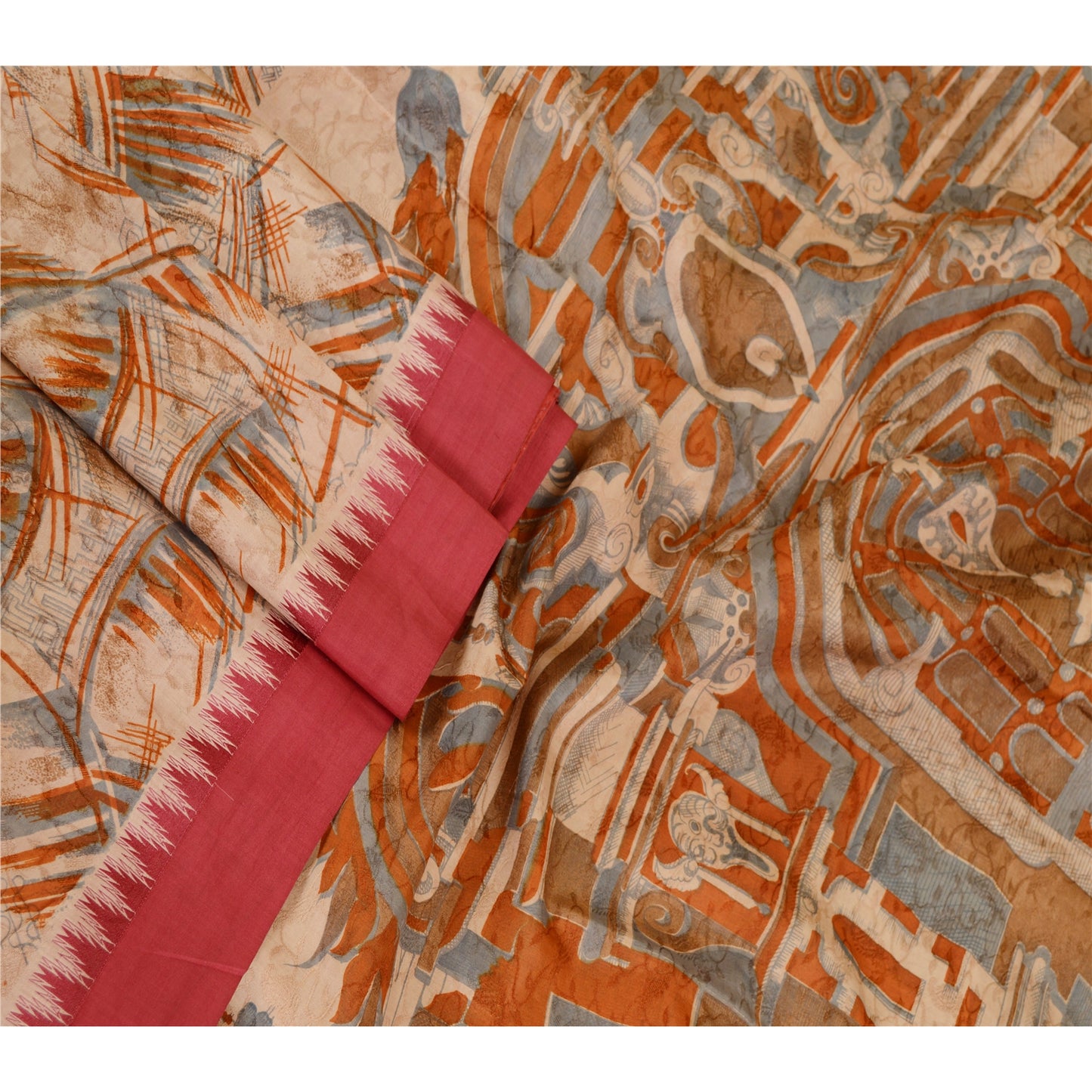 Sanskriti Vintage Peach Printed Self Sarees 100% Pure Silk Sari 5yd Craft Sustainable Fabric