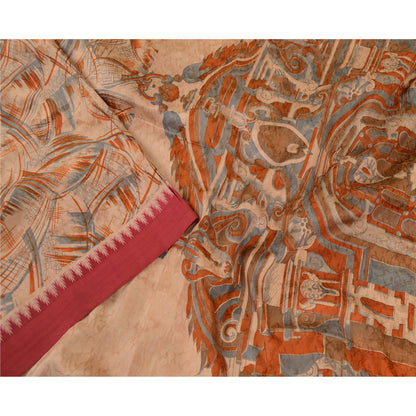 Sanskriti Vintage Peach Printed Self Sarees 100% Pure Silk Sari 5yd Craft Sustainable Fabric
