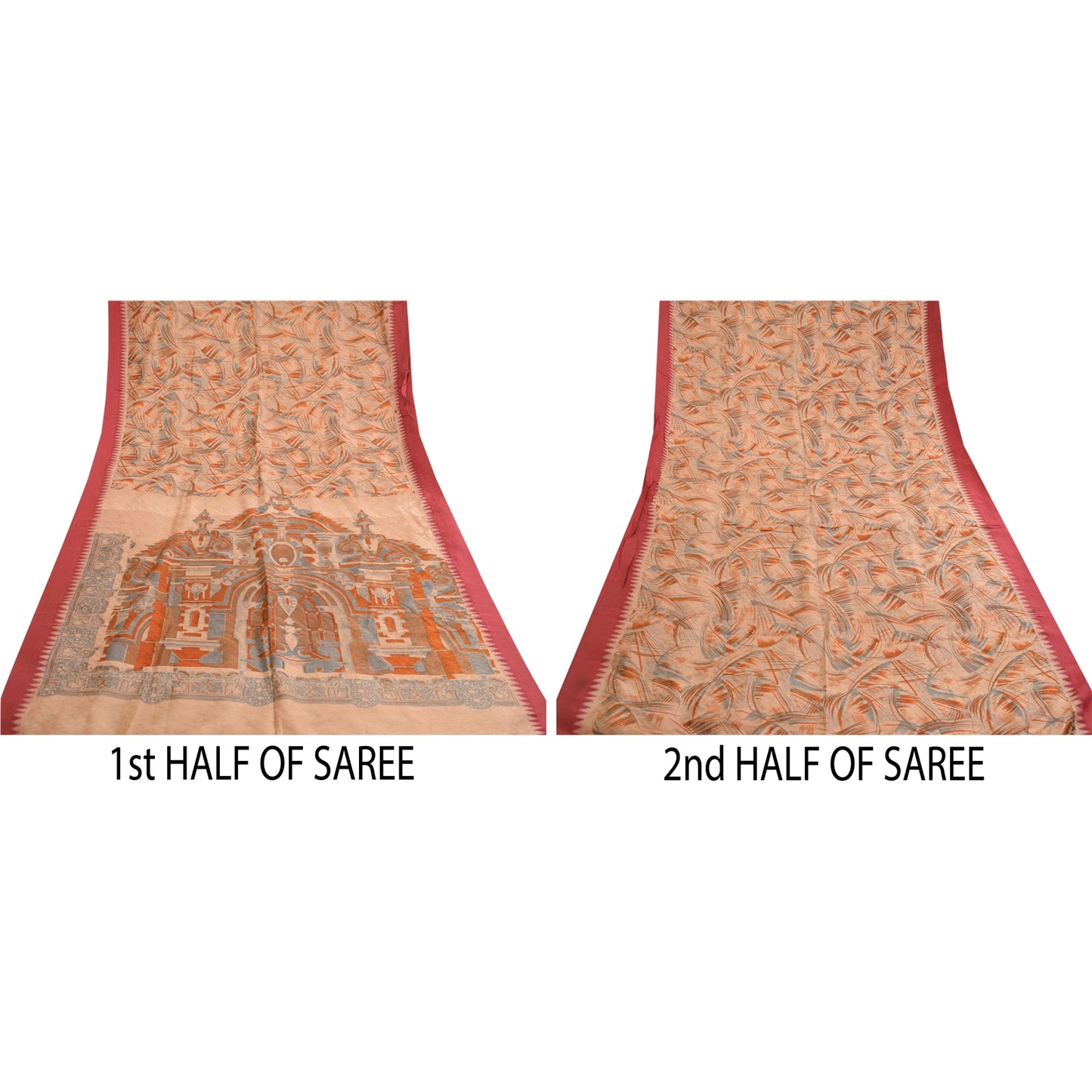 Sanskriti Vintage Peach Printed Self Sarees 100% Pure Silk Sari 5yd Craft Sustainable Fabric