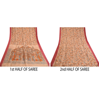 Sanskriti Vintage Peach Printed Self Sarees 100% Pure Silk Sari 5yd Craft Sustainable Fabric