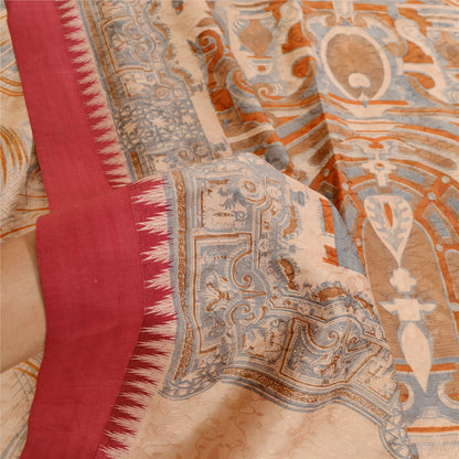 Sanskriti Vintage Peach Printed Self Sarees 100% Pure Silk Sari 5yd Craft Sustainable Fabric