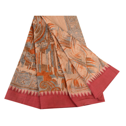 Sanskriti Vintage Peach Printed Self Sarees 100% Pure Silk Sari 5yd Craft Sustainable Fabric
