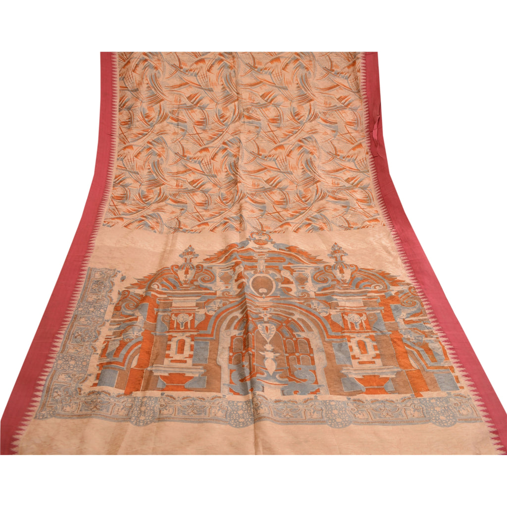 Sanskriti Vintage Peach Printed Self Sarees 100% Pure Silk Sari 5yd Craft Sustainable Fabric