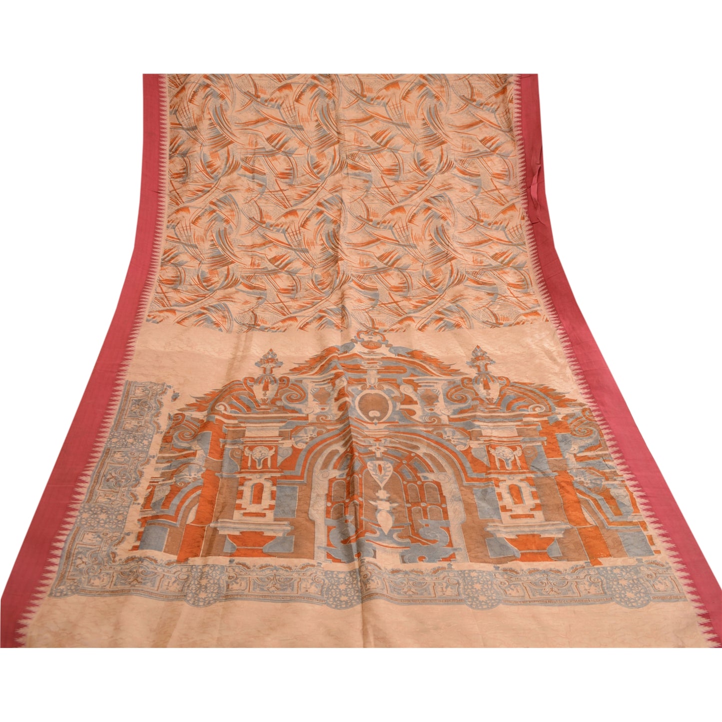 Sanskriti Vintage Peach Printed Self Sarees 100% Pure Silk Sari 5yd Craft Sustainable Fabric