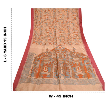 Sanskriti Vintage Peach Printed Self Sarees 100% Pure Silk Sari 5yd Craft Sustainable Fabric