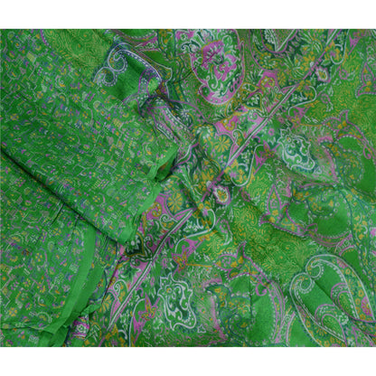 Sanskriti Vintage Green Printed Sarees 100% Pure Silk Sari Floral Craft Sustainable Fabric