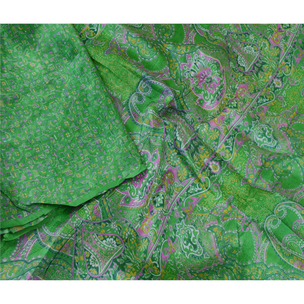 Sanskriti Vintage Green Printed Sarees 100% Pure Silk Sari Floral Craft Sustainable Fabric