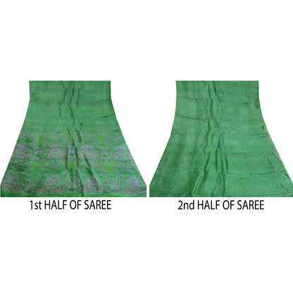 Sanskriti Vintage Green Printed Sarees 100% Pure Silk Sari Floral Craft Sustainable Fabric