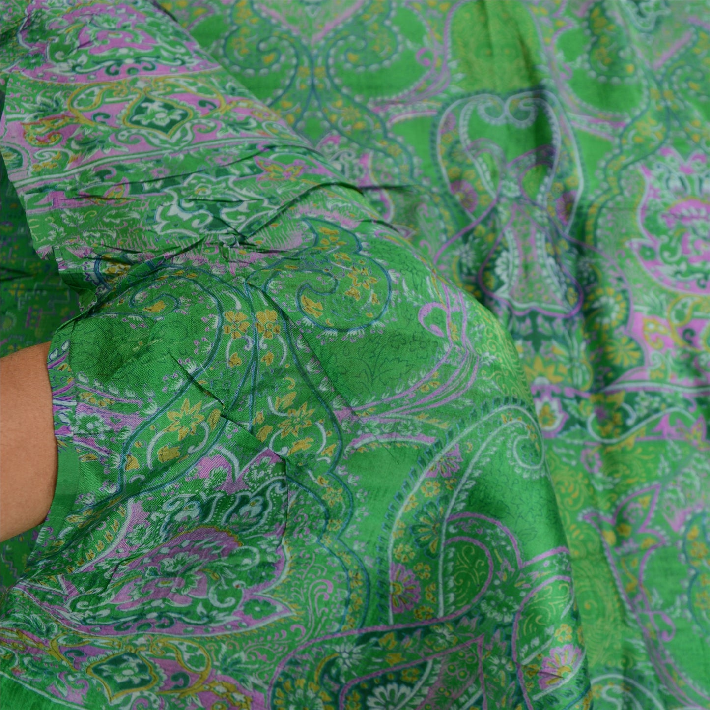 Sanskriti Vintage Green Printed Sarees 100% Pure Silk Sari Floral Craft Sustainable Fabric