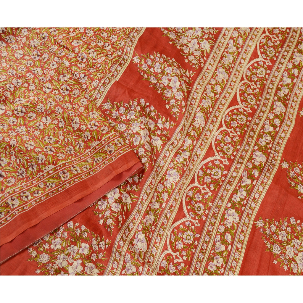 Sanskriti Vintage Red Indian Printed Sarees 100% Pure Silk Sari 5yd Craft Sustainable Fabric