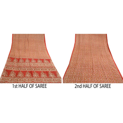 Sanskriti Vintage Red Indian Printed Sarees 100% Pure Silk Sari 5yd Craft Sustainable Fabric