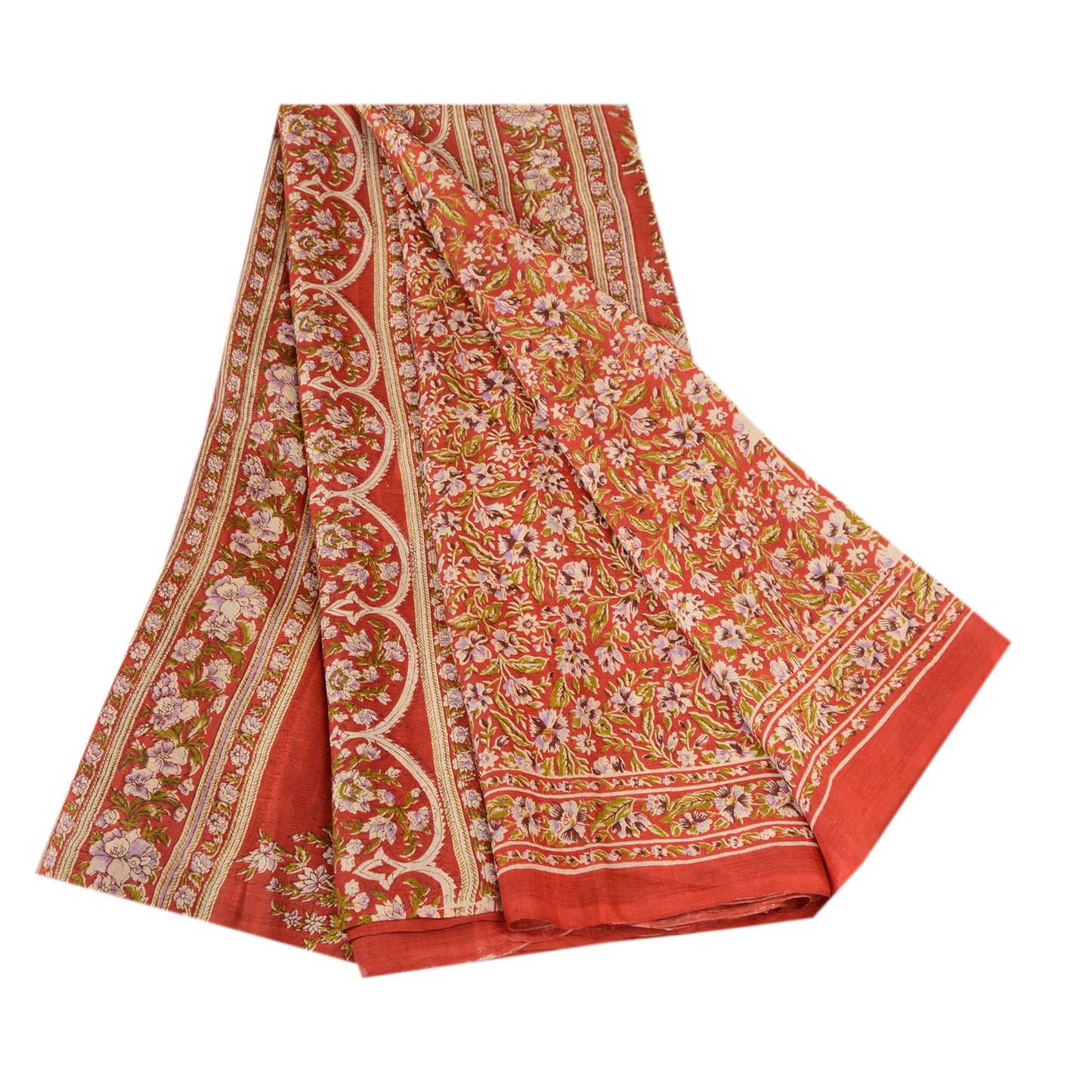 Sanskriti Vintage Red Indian Printed Sarees 100% Pure Silk Sari 5yd Craft Sustainable Fabric